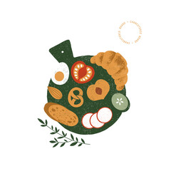Wall Mural - charcuterie board illustration. appetizers board with various food. breakfast. catering composition.