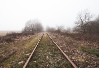 Poster - High angle shot of a railroad on a foggy day