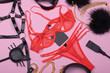 Lingerie and set of erotic toys for BDSM. The game of sexual slavery with a whip, handcuffs, leather belts and mask on a light pink background.