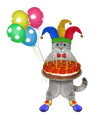 Wall Mural - An ashen cat clown in a jester hat is holding a holiday cake and color balloons. White background. Isolated.