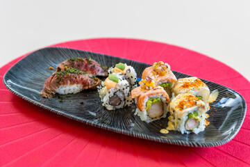 Poster - Assortment of tasty and appetizing sushi with fish and rice, The Japanese cuisine