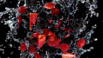 Aufkleber - Super slow motion of rotating berries fruit with splashing water, black background. Filmed on high speed cinema camera, 1000 fps.