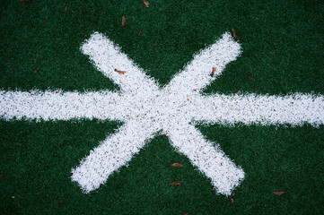 Canvas Print - Top view of green turf grass texture with white lines in soccer field