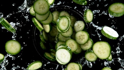 Aufkleber - Super slow motion of rotating cucumber slices with water, black background. Filmed on high speed cinema camera, 1000 fps. Speed ramp effect.