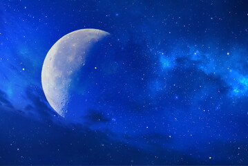Wall Mural - bright moon on dark starry sky blue cosmic universe nebula background