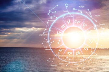 zodiac signs inside of horoscope circle astrology and horoscopes concept on background