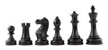 Row Of Black Chess Pieces On White Background