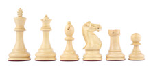 Row Of Wooden Chess Pieces On White Background