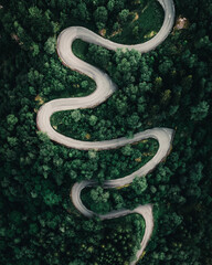 Canvas Print - Vertical drone shot of a winding road passing through forests with a waterfall next to the road