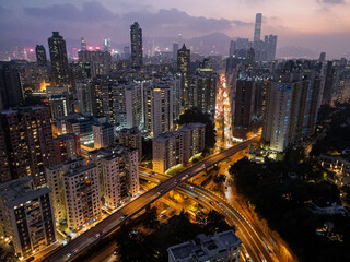 Sticker - Beautiful drone shot of a Prince Edward Road in the nighttime in Hong Kong.