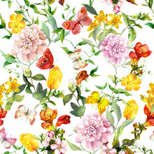 Summer Flowers And Butterflies Background. Floral Seamless Pattern With Tulips, Peonies, Insects. Watercolor