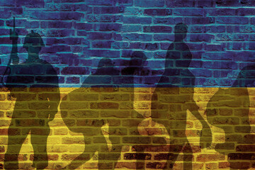 Ukraine flag on wall and shadows of soldier and refugees leaving. Ukraine war concept