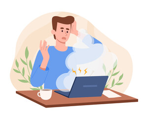 Poster - broken computer with smoke concept. employee experiencing problems in office. young man sitting at h
