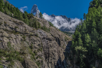 Wall Mural - Beautiful shot of a huge cliff full of trees in the background of mountains.