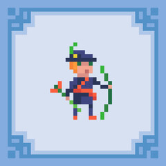 Wall Mural - Archer standing with his bow. Pixel art character. Vector illustration