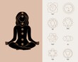Vector Woman Meditating with Chakra Symbols and Icons in Yoga Pose.  Woman sitting in Lotus Pose with Energy signs.