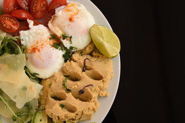 Sticker - Top view of an assortment of healthy foods for breakfast including smashed potatoes and eggs