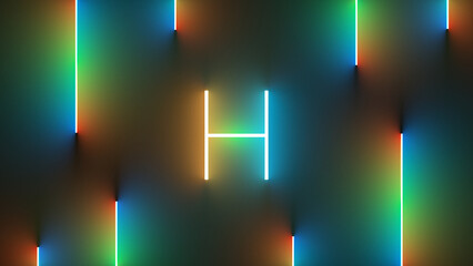 Sticker - Digital illustration of neon colorful lines around an illuminated letter H symbol