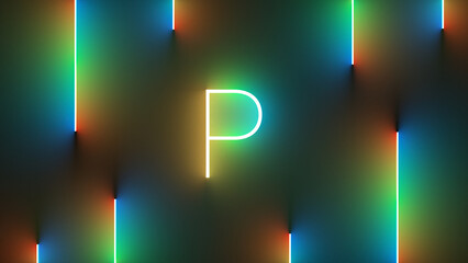 Sticker - Digital illustration of neon colorful lines around an illuminated letter P symbol