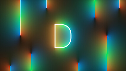 Wall Mural - Digital illustration of neon colorful lines around an illuminated letter D symbol