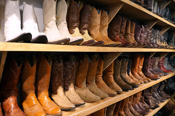 Wall Mural - Row of assorted boots on the wooden shoe rack