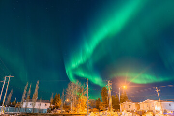 Wall Mural - Beautiful wallpaper of the Nothern lights (Aurora Borealis) during the night in a small town