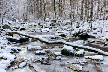 Sticker - View of Harz mountain river Ilse in Ilsenburg with ice and snow at wintertime Germany