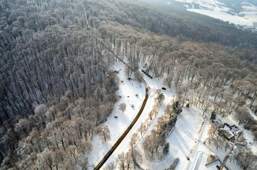 Wall Mural - Aerial view of a snowy mountainous area with trees on a winter day