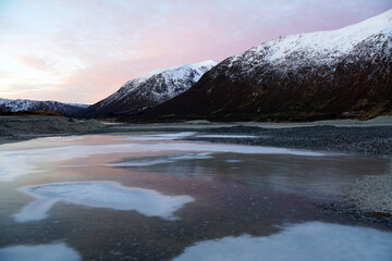 Wall Mural - Beautiful winter view in the Arctic region in Norway at sunset