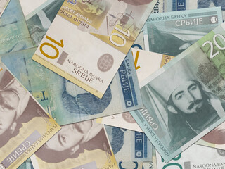 Poster - Closeup of Serbian dinar banknotes, national currency background