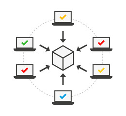 Leinwandbilder - Computer or laptop user internet connect to blockchain system network. Cryptocurrency technology data design template.