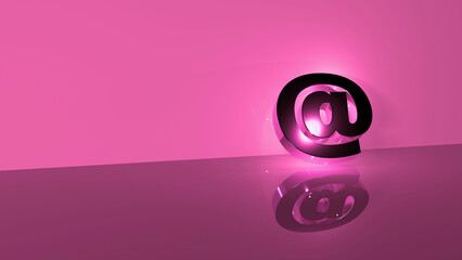 Pink, a metallic @ symbol with a flare, is located on a pink background. 3D image of the symbol At. 3D rendering.
