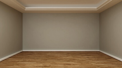empty room with khaki wall, suspended ceiling and wooden floor. 3d illustration. 3d rendering