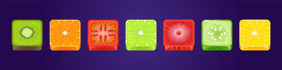Poster - Game ui app icons, square food buttons with texture of kiwi, orange, tomato, lime, strawberry, cucumber and lemon. Vegetable and fruits menu interface textured graphic blocks, isolated 3d vector set