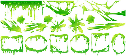 Wall Mural - liquid green slime splashes, border and frames from dripping poison goo. vector cartoon set of fluid