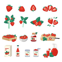 Set of red strawberries and product from it. Berries in box, bowl and on wooden board, jar of jam, packaging, bottle, glass and jug of juice, cans with fruits. Vector flat illustration