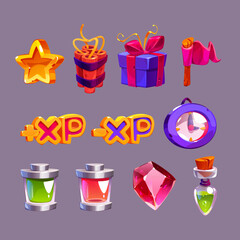 Poster - Game icons, cartoon gold star, dynamite, gift box and red flag, xp, alarm clock, life bars, magic crystal and witch potion elements for pc game or mobile app user interface Vector illustration, set