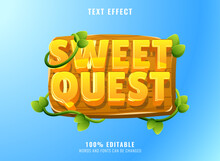 Funny Sweet Quest With Wood Frame And Vine Leaves Text Effect. Perfect For Game Logo Title