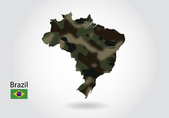 brazil map with camouflage pattern, Forest / green texture in map. Military concept for army, soldier and war. coat of arms, flag.