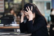 Concept Burnout Syndrome. Business Woman Feels Uncomfortable Working. Which Is Caused By Stress, Accumulated From Unsuccessful Work And Less Resting Body. Consult A Specialist Psychiatrist.