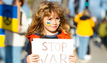 Board No war, Stop war. Little ukrainian patriot kids. World stand With Ukraine.