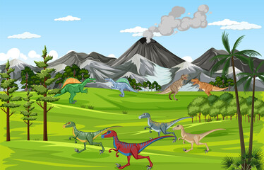 Sticker - Dinosaur in prehistoric forest scene