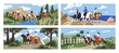 Horseback riders in nature set. People riding horse, stallion backs. Landscapes with men, women in helmets during equestrian trot, walk, run in summer. Horseriding sport. Flat vector illustrations