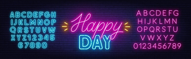 Poster - Happy Day neon lettering on brick wall background.