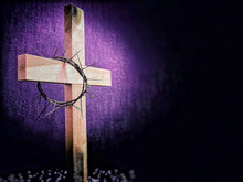 Lent Season,Holy Week And Good Friday Concepts - Photo Of Cross Shaped In Purple Vintage Background. Stock Photo.
