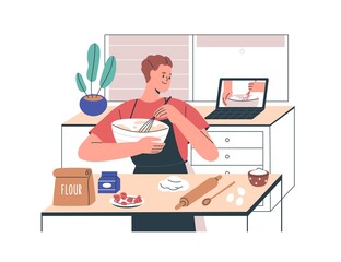 Poster - Person cooking food at home, watching culinary courses online at laptop. Man in apron at kitchen looking remote lesson on bakery via internet. Flat vector illustration isolated on white background