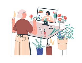 Fototapete - Florist studying at distant online course. Woman with flowers, plants learning floristry at remote botanical floral school at computer. Flat vector illustration isolated on white background