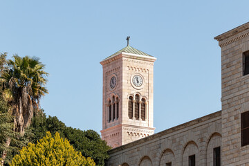 Clock tower of St. Josephs Church near the Church Of Annunciation in Nazareth, northern Israel