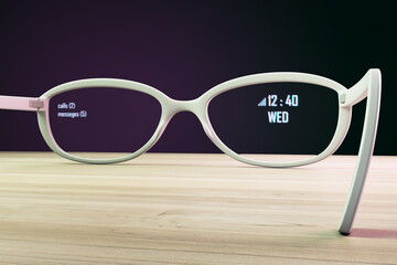 Aufkleber - Close up of creative augmented reality glasses on wooden desk and purple background. Technology and future concept. 3D Rendering.