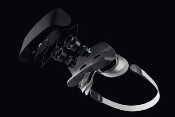 Aufkleber - Demounted VR glasses on black backdrop. Repairs, maintenance and technology concept. 3D Rendering.